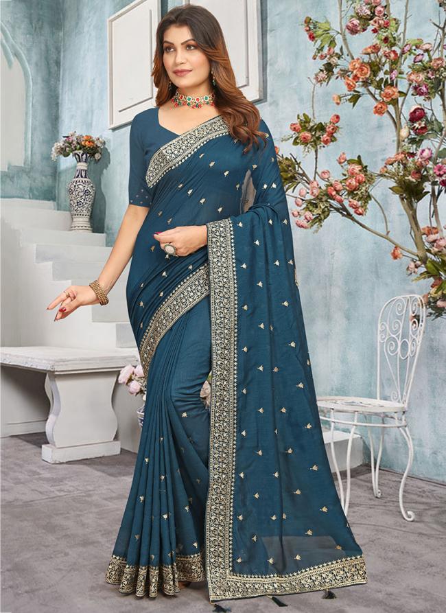 Vichitra Blooming Morpeach Wedding Wear Embroidery Work Saree